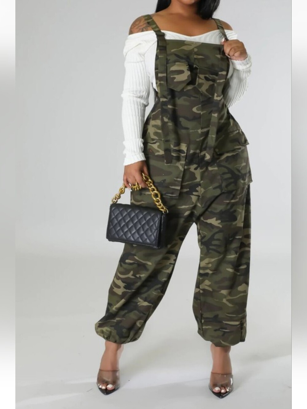 NEW!! Women’s Camouflage Utility Cargo Jogger Overall Jumpsuit - Olive Camo, NWT